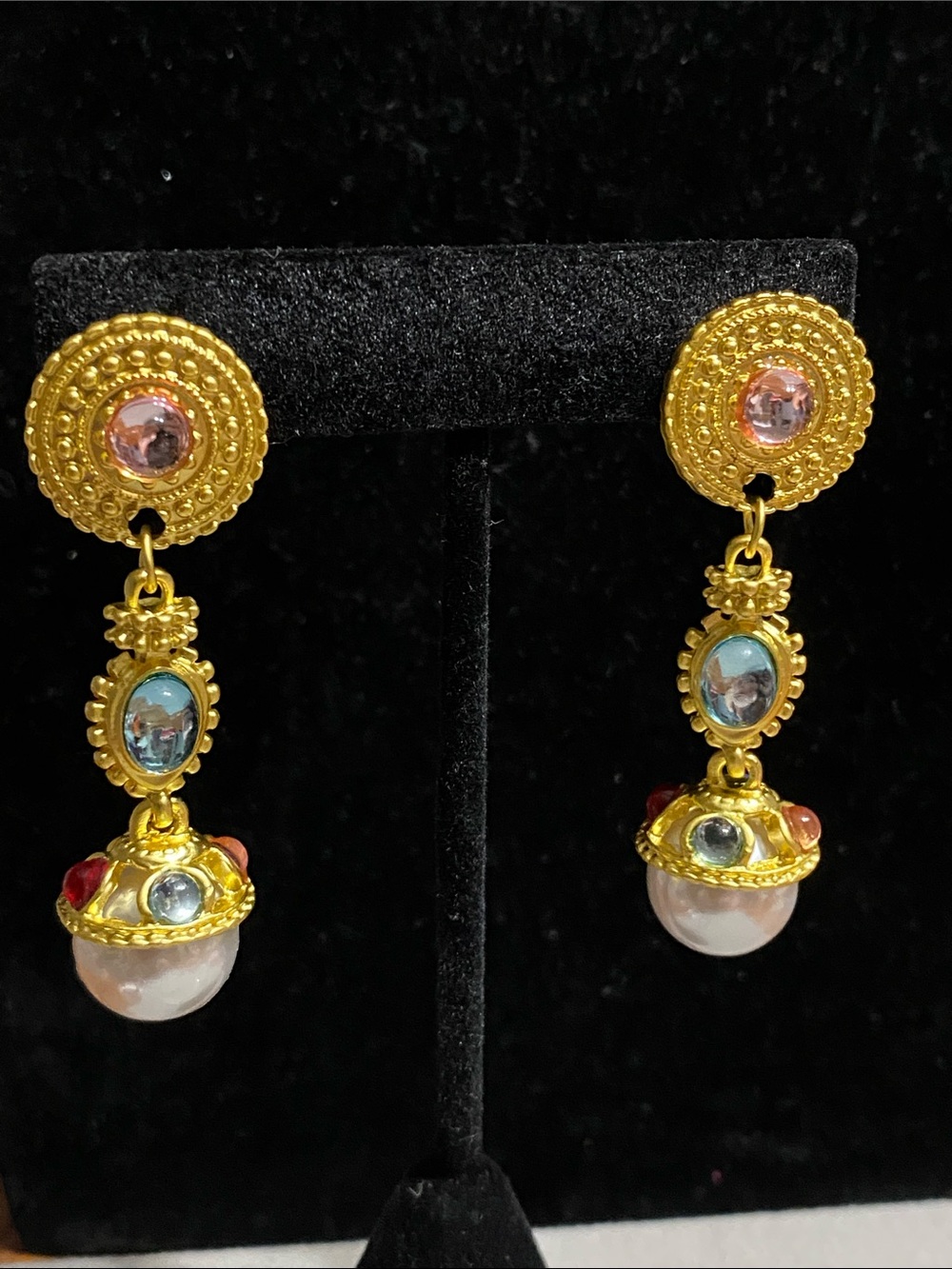 Gold Multicolor Cabochon Drop Earrings with Pearl Dangle